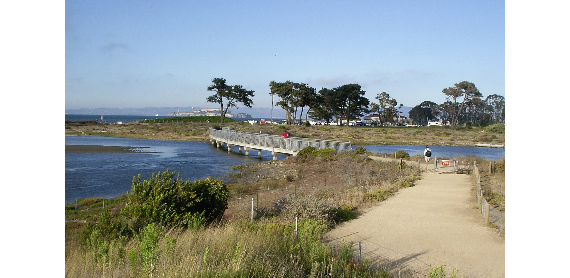 A pedestrian bridge crosses 18-acres of restored tidal marsh.